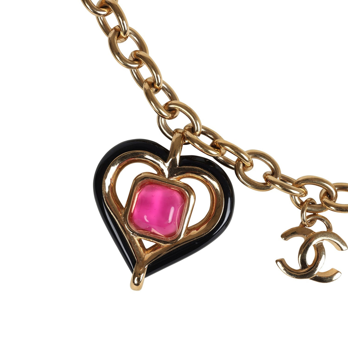 Chanel Hearts Charm Necklace Black, Pink Enamel and Gripoix Gold Tone Hardware