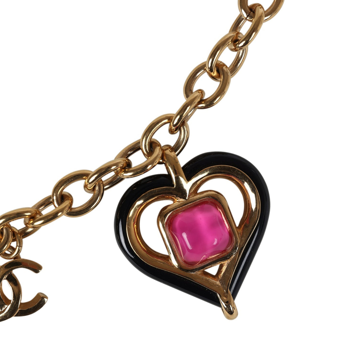 Chanel Hearts Charm Necklace Black, Pink Enamel and Gripoix Gold Tone Hardware