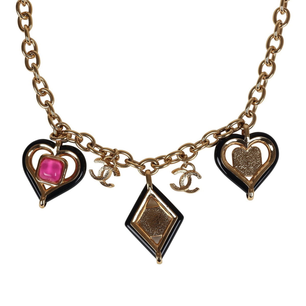 Chanel Hearts Charm Necklace Black, Pink Enamel and Gripoix Gold Tone Hardware