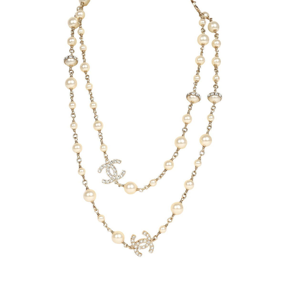 Chanel Long Crystal CC and Pearl Necklace Faux Pearls Gold Tone Hardware
