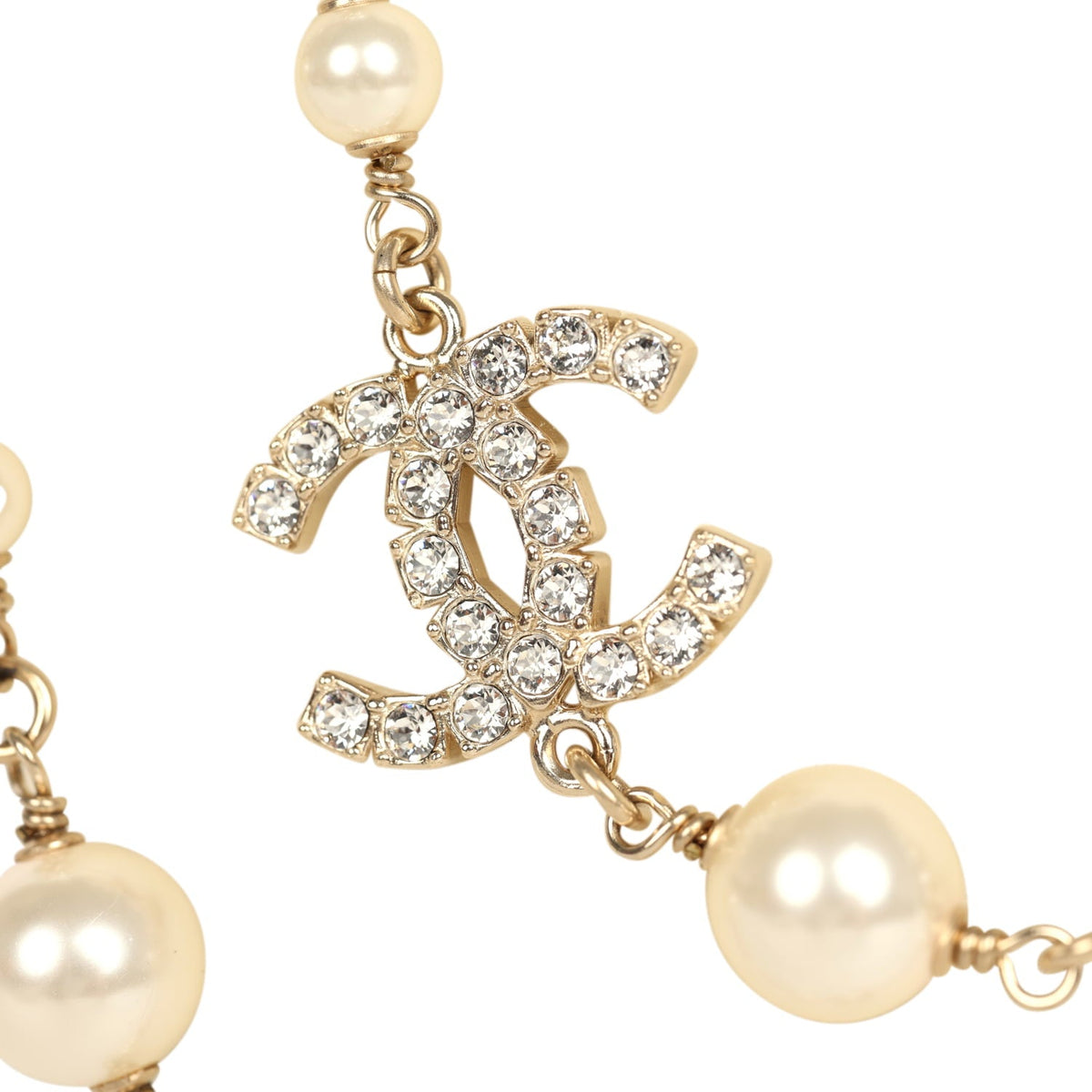 Chanel Long Crystal CC and Pearl Necklace Faux Pearls Gold Tone Hardware
