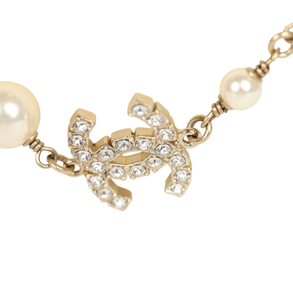 Chanel Long Crystal CC and Pearl Necklace Faux Pearls Gold Tone Hardware
