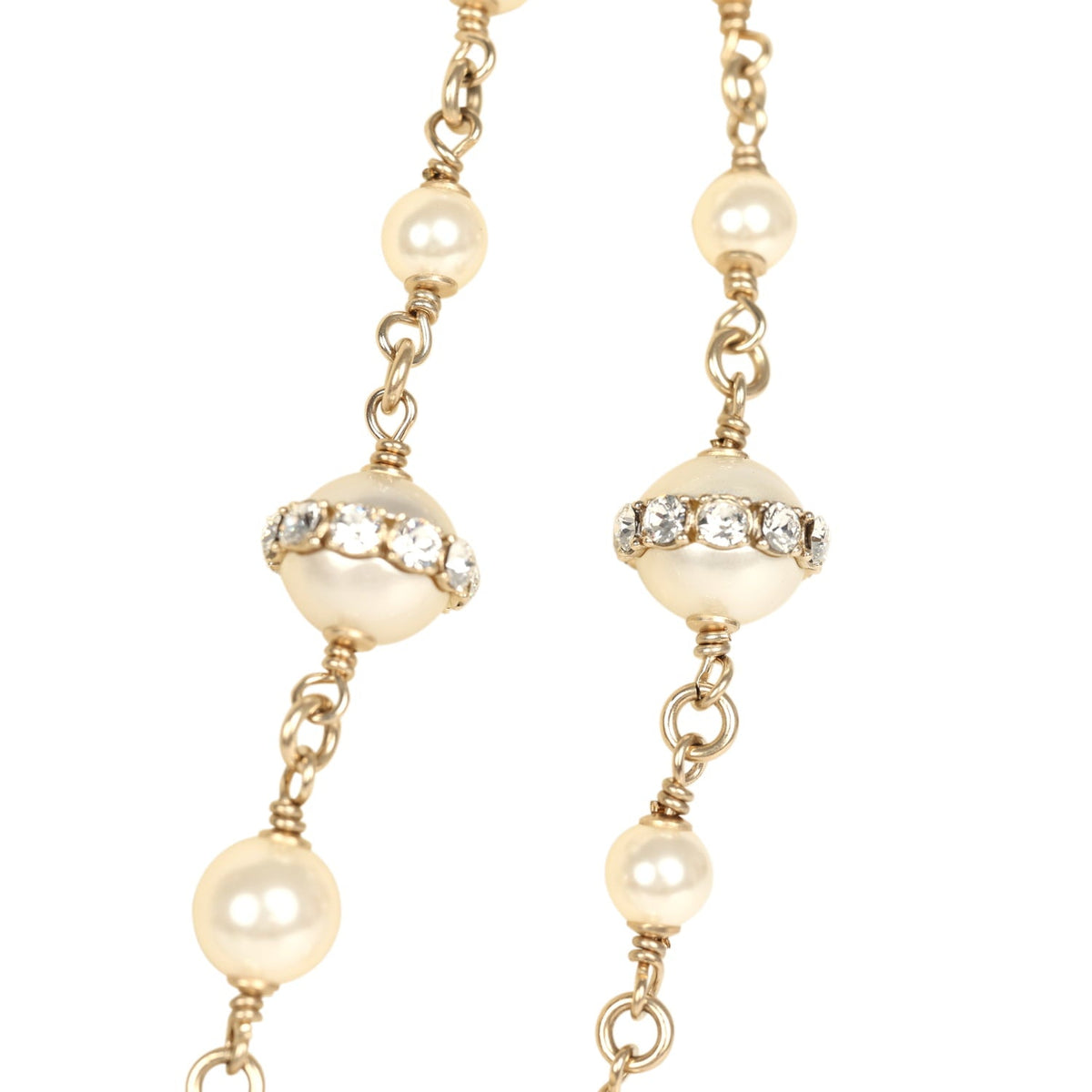 Chanel Long Crystal CC and Pearl Necklace Faux Pearls Gold Tone Hardware