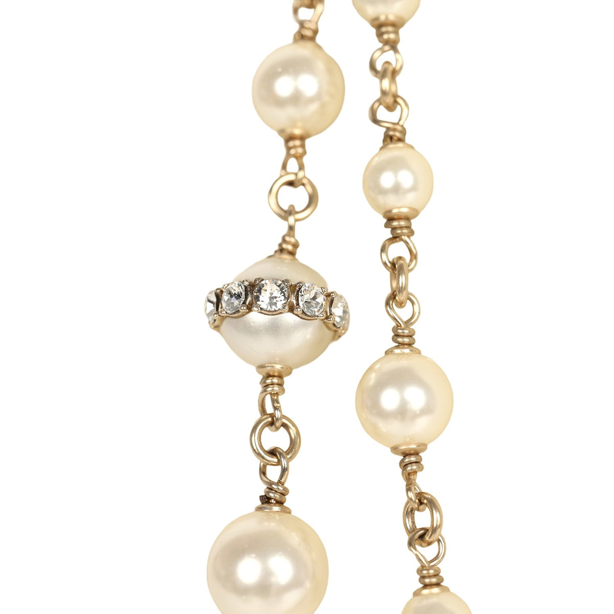 Chanel Long Crystal CC and Pearl Necklace Faux Pearls Gold Tone Hardware