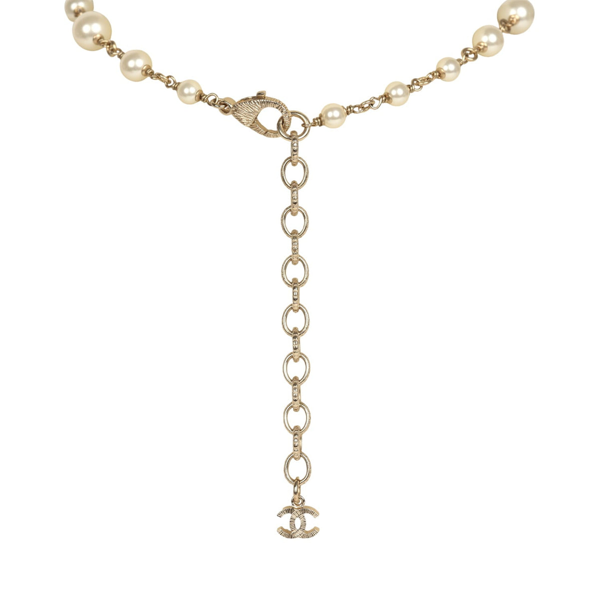 Chanel Long Crystal CC and Pearl Necklace Faux Pearls Gold Tone Hardware
