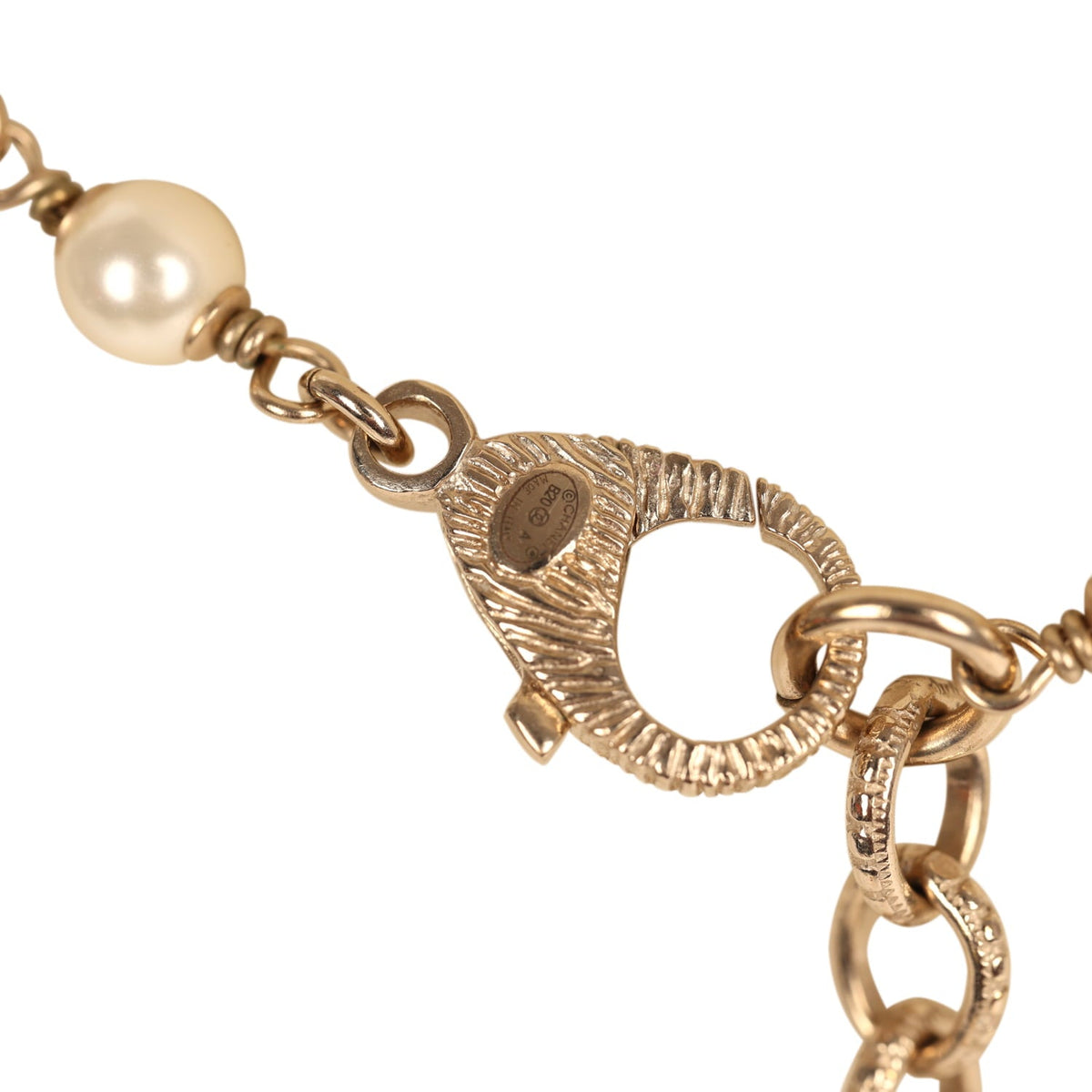 Chanel Long Crystal CC and Pearl Necklace Faux Pearls Gold Tone Hardware