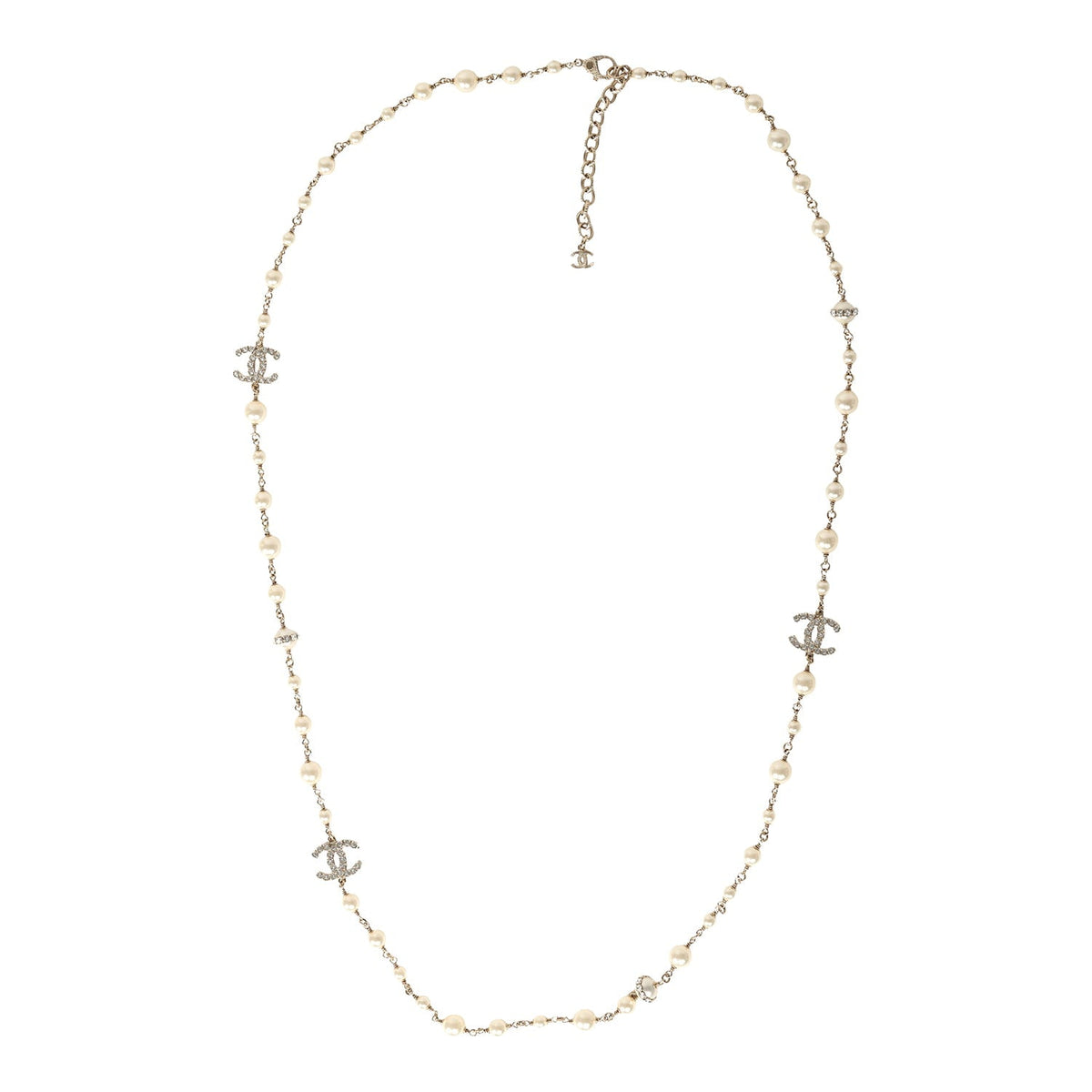 Chanel Long Crystal CC and Pearl Necklace Faux Pearls Gold Tone Hardware
