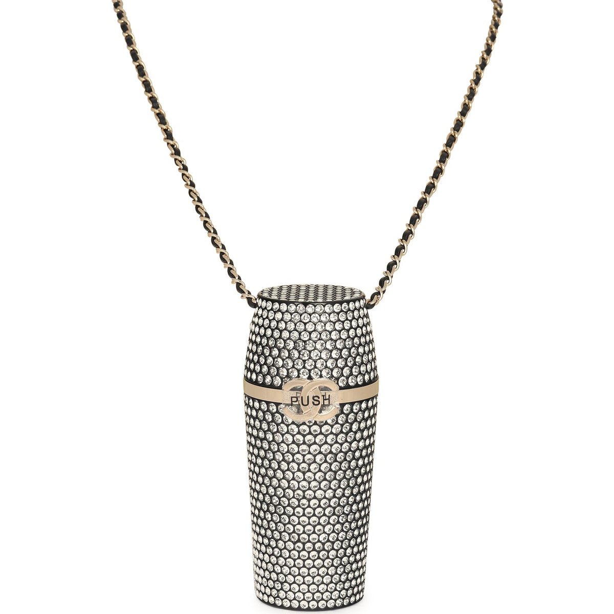 Chanel Crystal-Embellished Lipstick Case Long Necklace Black Resin, Crystals Light Gold Hardware