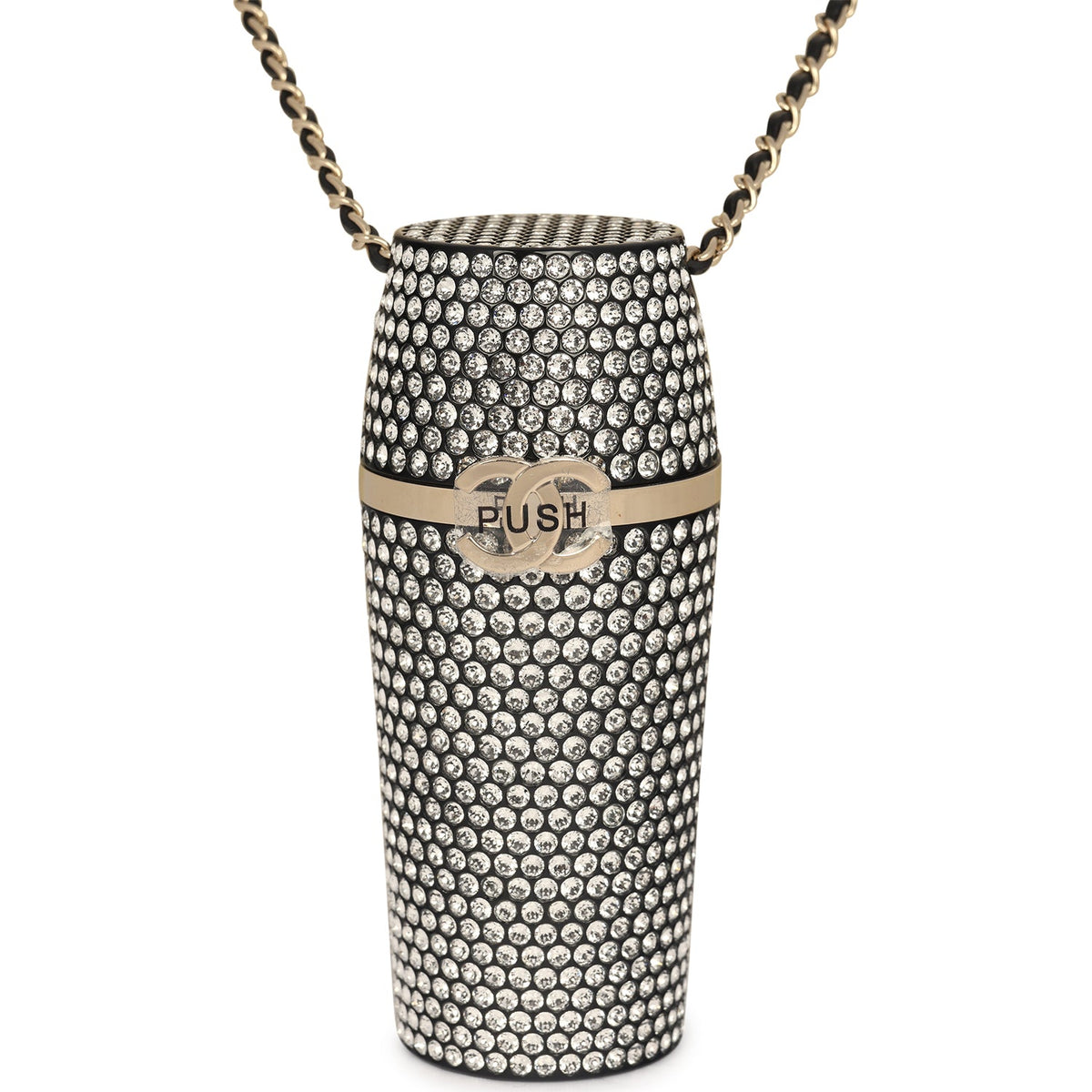 Chanel Crystal-Embellished Lipstick Case Long Necklace Black Resin, Crystals Light Gold Hardware