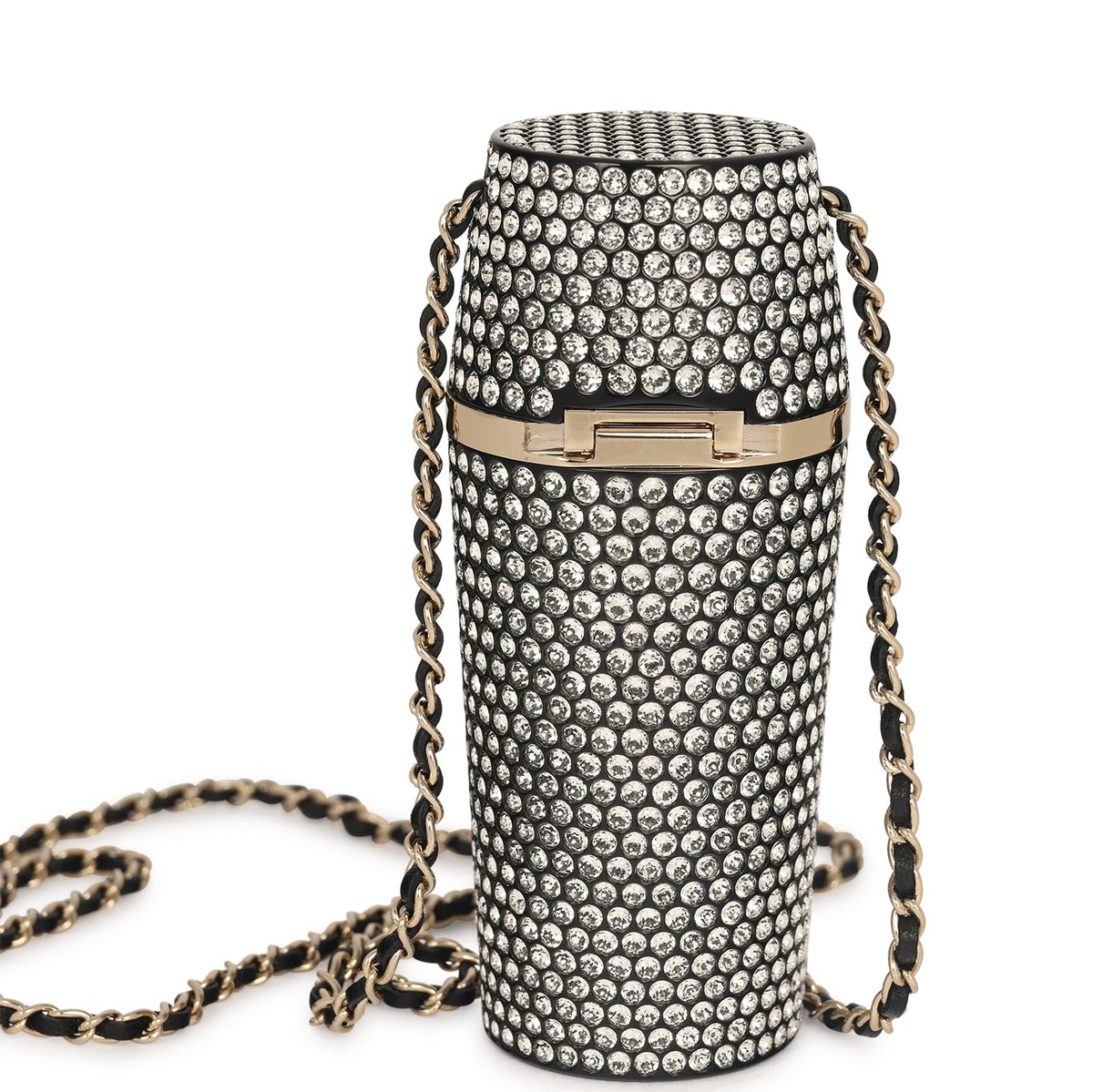 Chanel Crystal-Embellished Lipstick Case Long Necklace Black Resin, Crystals Light Gold Hardware