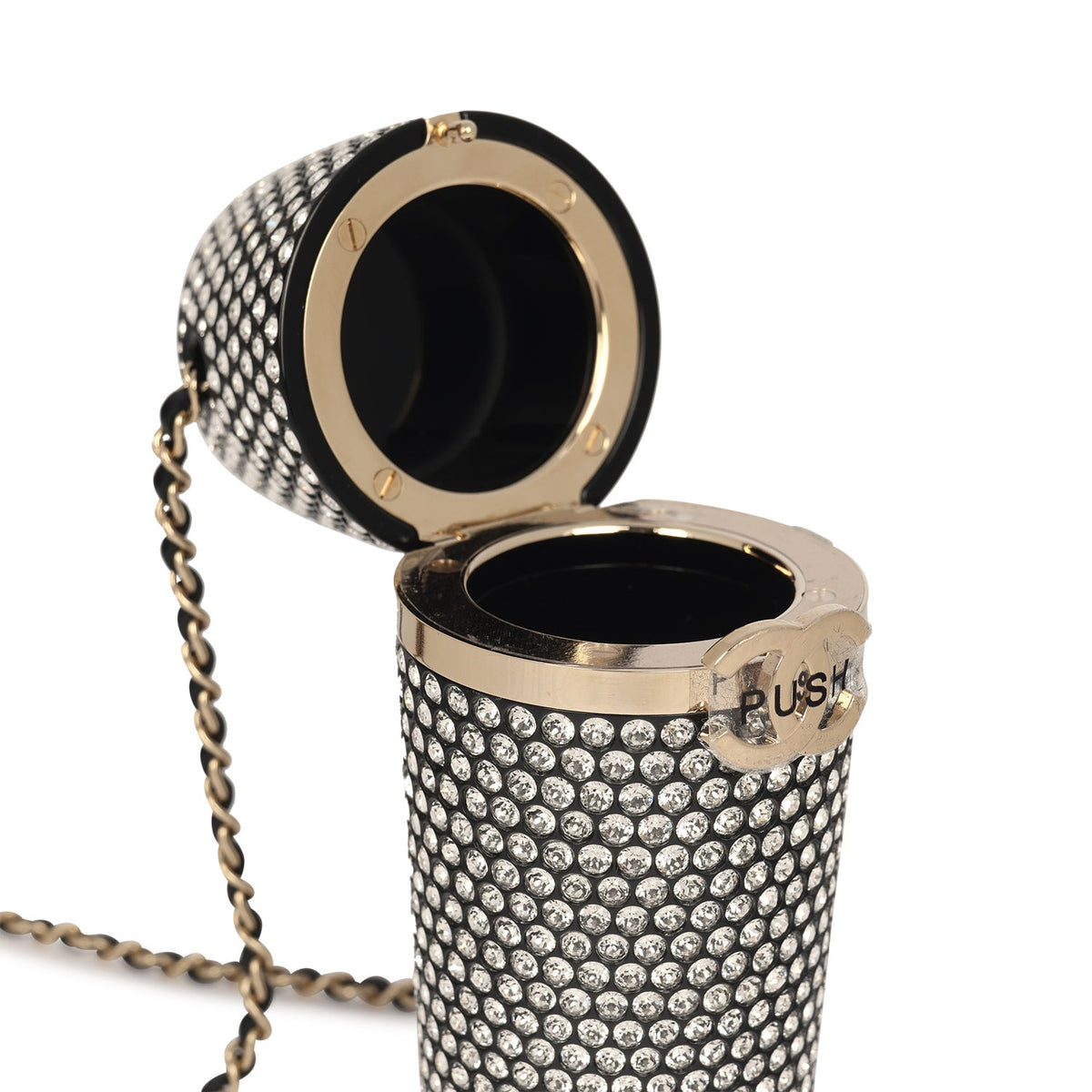 Chanel Crystal-Embellished Lipstick Case Long Necklace Black Resin, Crystals Light Gold Hardware