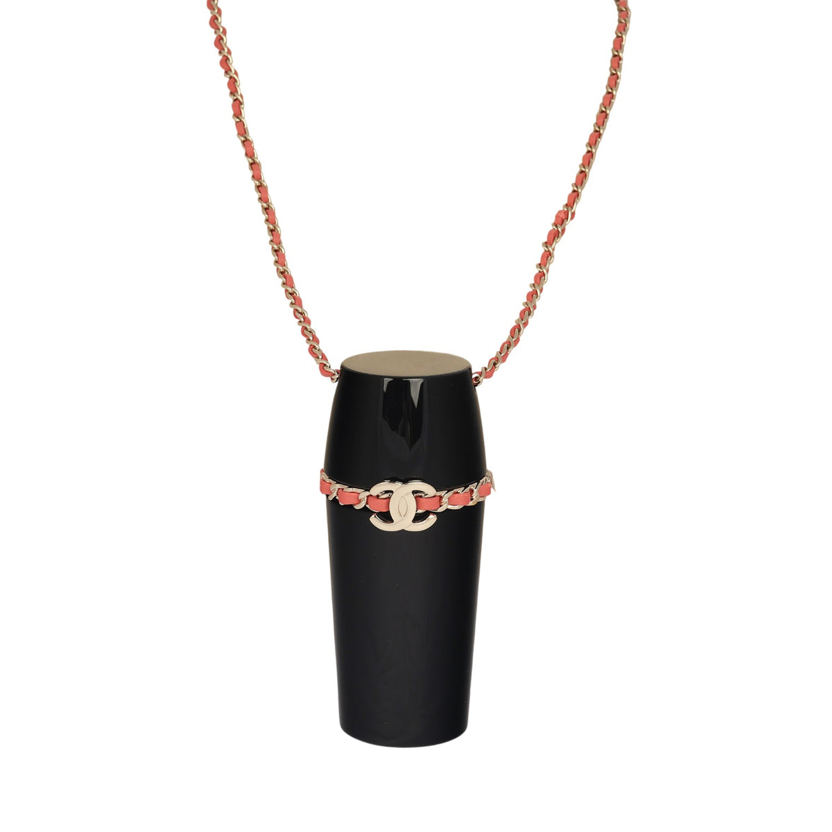 Pre-owned Chanel Lipstick Case Long Necklace Black Resin, Orange Leather Light Gold Hardware