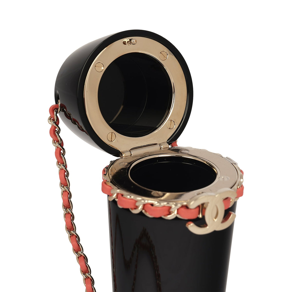 Pre-owned Chanel Lipstick Case Long Necklace Black Resin, Orange Leather Light Gold Hardware