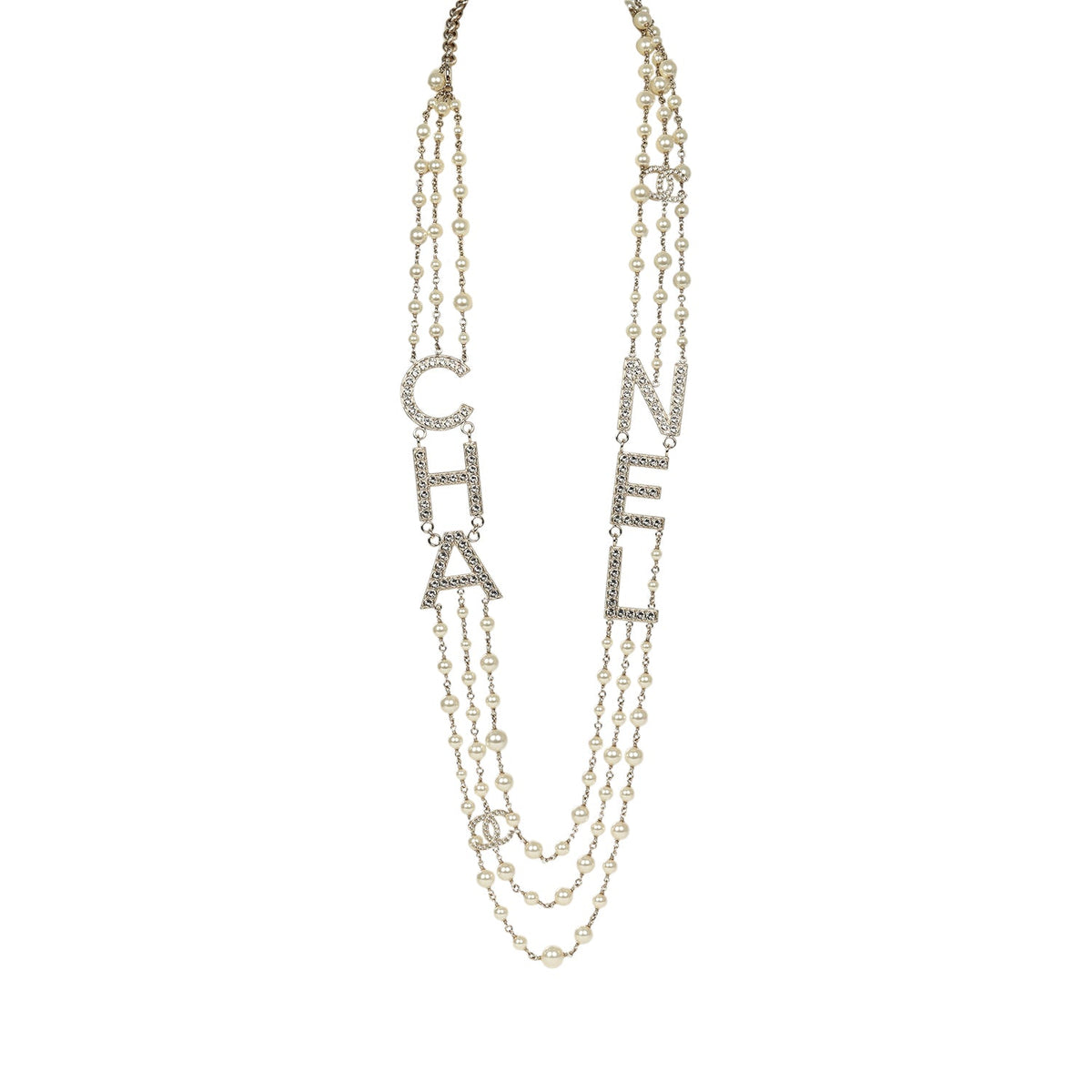 Chanel Long Crystal CHA-NEL Multi-Strand CC Pearl Necklace Ivory Pearls, Light Gold Tone Hardware