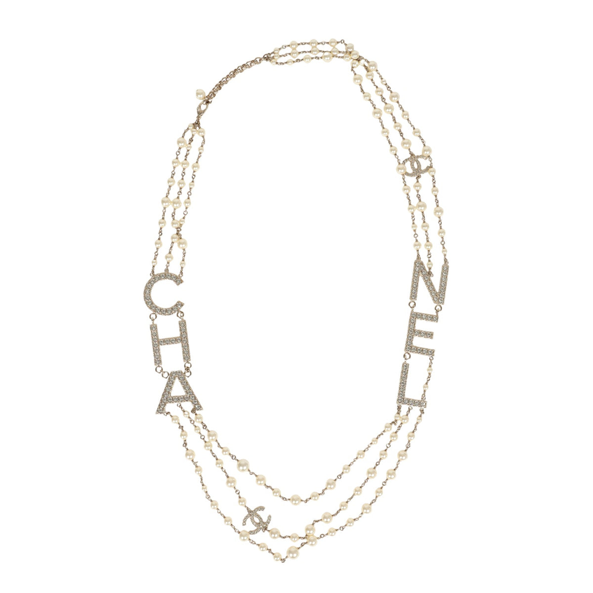 Chanel Long Crystal CHA-NEL Multi-Strand CC Pearl Necklace Ivory Pearls, Light Gold Tone Hardware