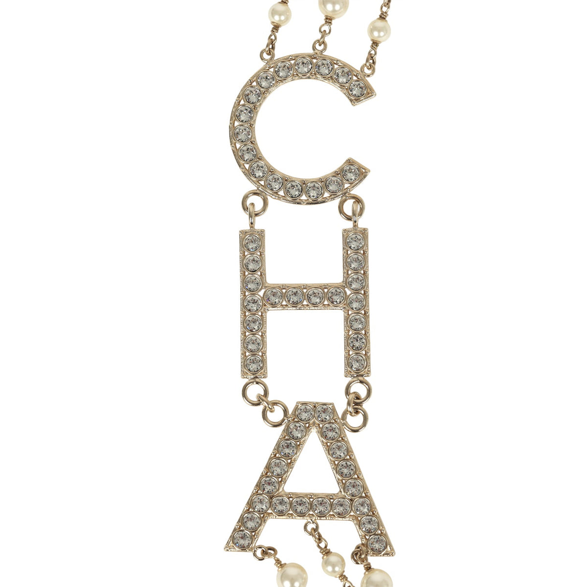 Chanel Long Crystal CHA-NEL Multi-Strand CC Pearl Necklace Ivory Pearls, Light Gold Tone Hardware