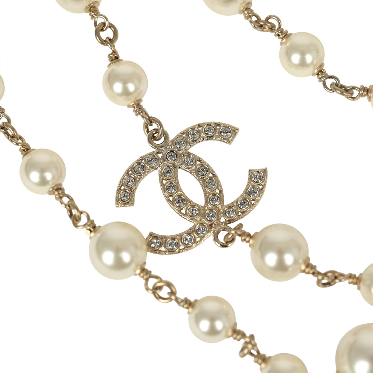 Chanel Long Crystal CHA-NEL Multi-Strand CC Pearl Necklace Ivory Pearls, Light Gold Tone Hardware
