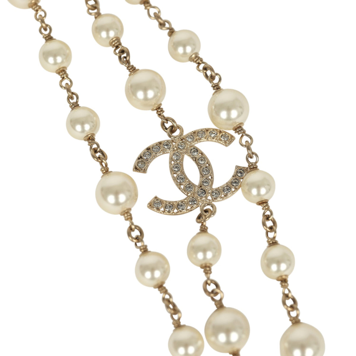 Chanel Long Crystal CHA-NEL Multi-Strand CC Pearl Necklace Ivory Pearls, Light Gold Tone Hardware