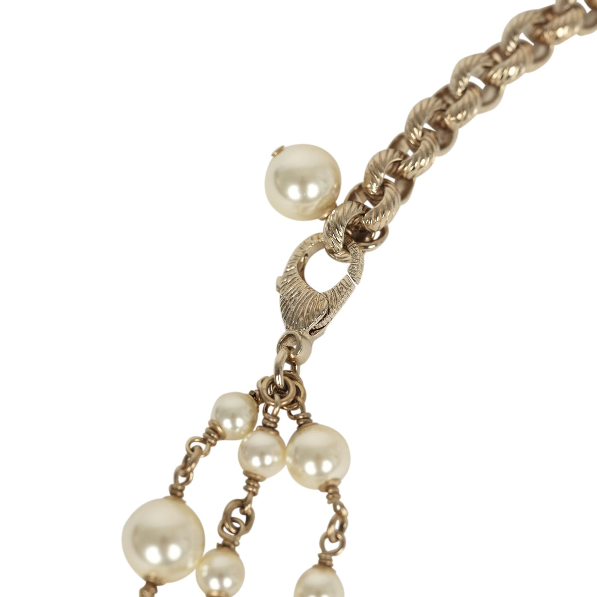 Chanel Long Crystal CHA-NEL Multi-Strand CC Pearl Necklace Ivory Pearls, Light Gold Tone Hardware
