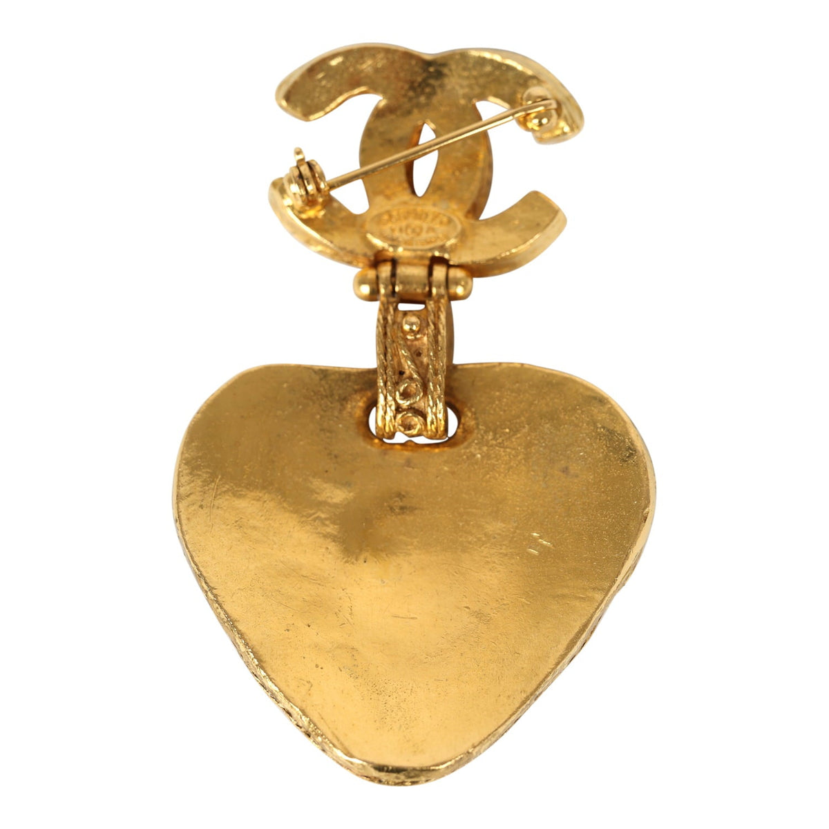 Vintage Chanel CC Dangle Gripoix Heart Brooch Green Gold Plated Hardware