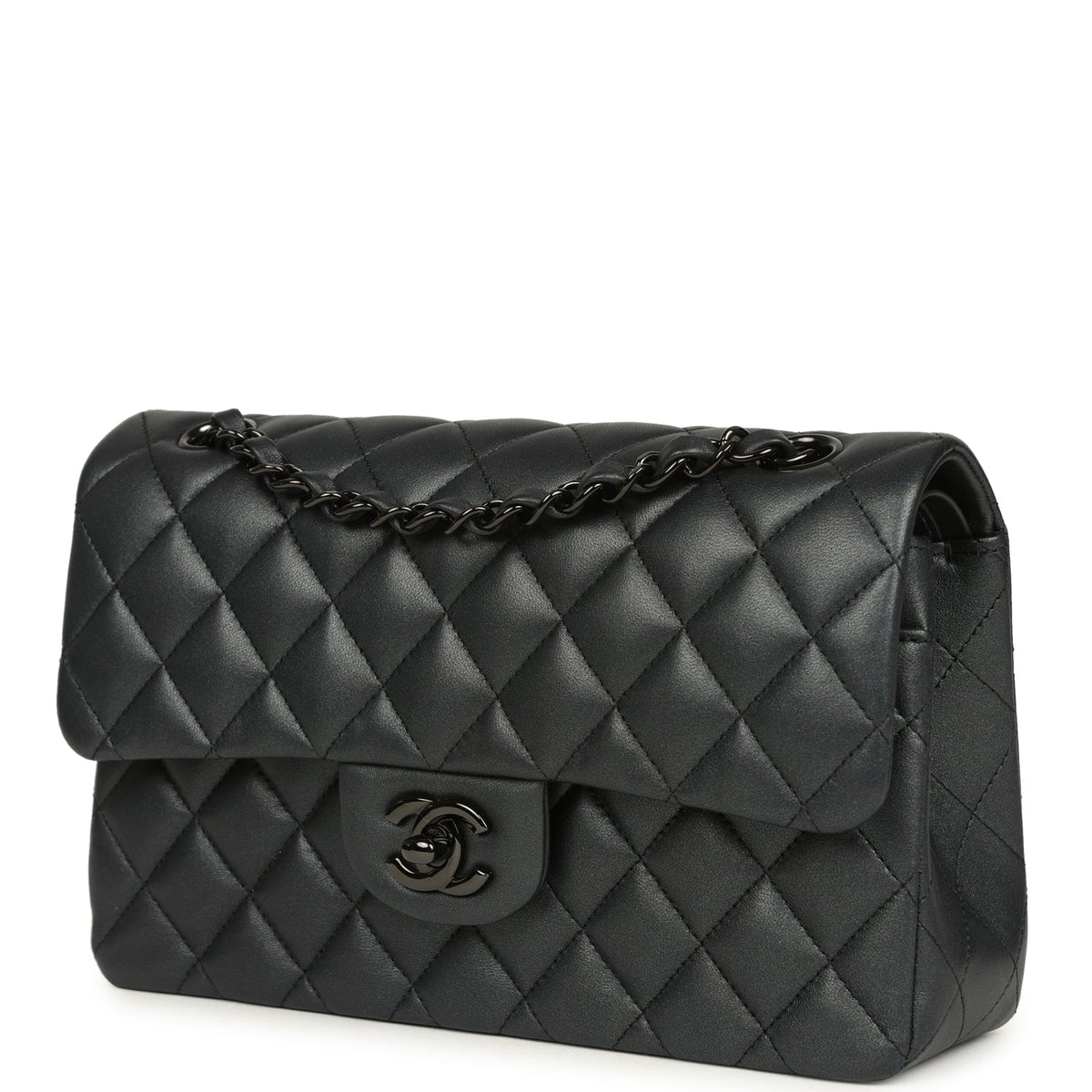 Pre-owned Chanel Small Classic Double Flap Bag So Black Iridescent Lambskin Black Hardware