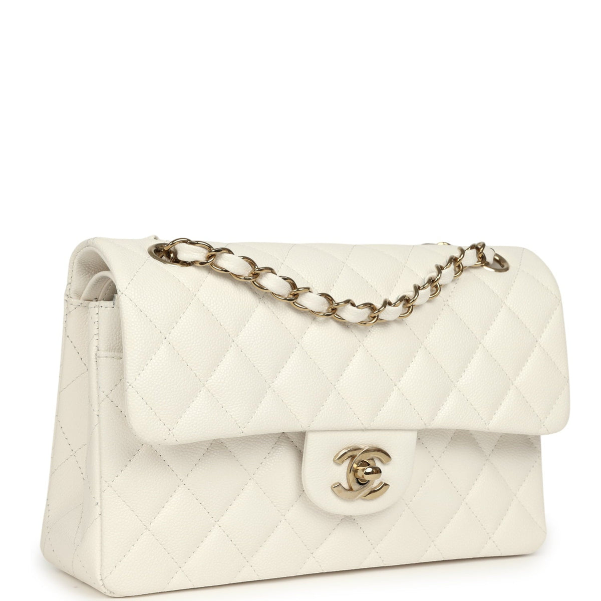 Chanel Small Classic Double Flap Bag Off White Shiny Caviar Light Gold Hardware