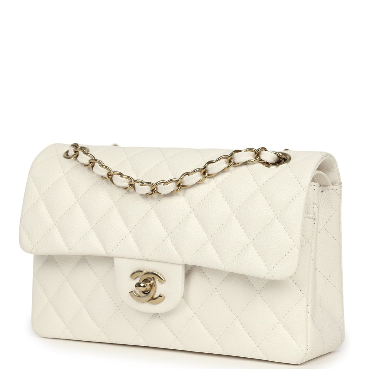 Chanel Small Classic Double Flap Bag Off White Shiny Caviar Light Gold Hardware