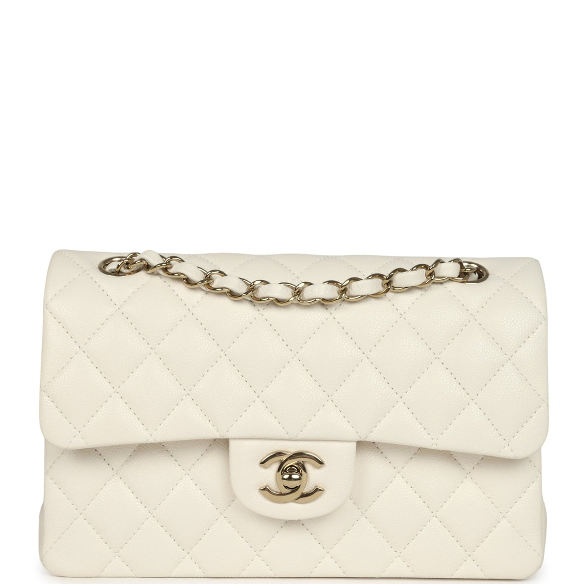 Chanel Small Classic Double Flap Bag White Shiny Caviar Light Gold Hardware