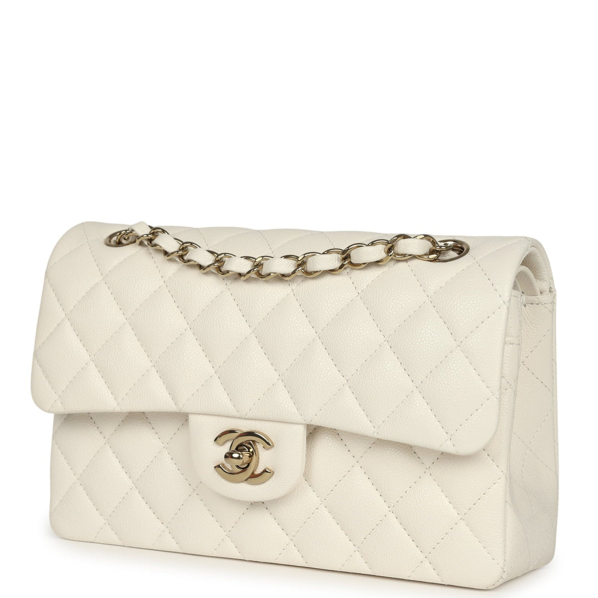 Chanel Small Classic Double Flap Bag White Shiny Caviar Light Gold Hardware