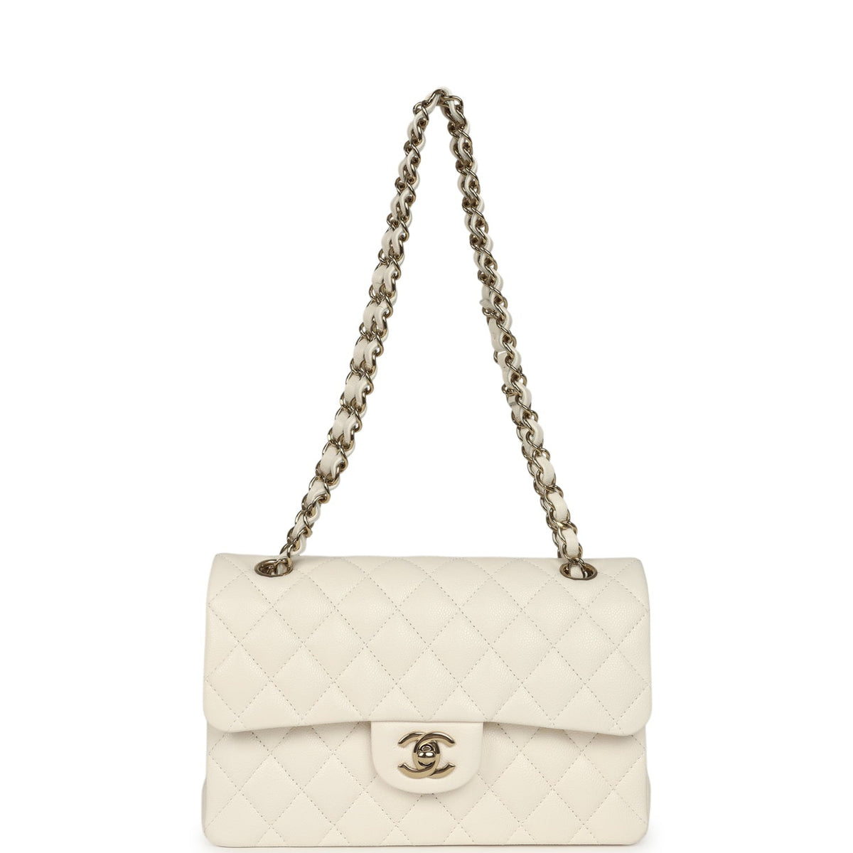 Chanel Small Classic Double Flap Bag White Shiny Caviar Light Gold Hardware