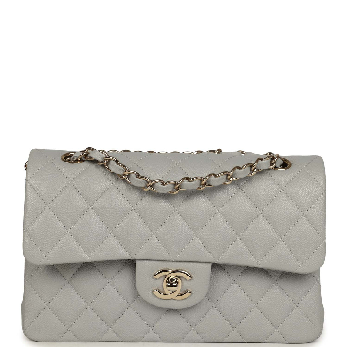 Chanel Small Classic Double Flap Bag Light Grey Caviar Light Gold Hardware