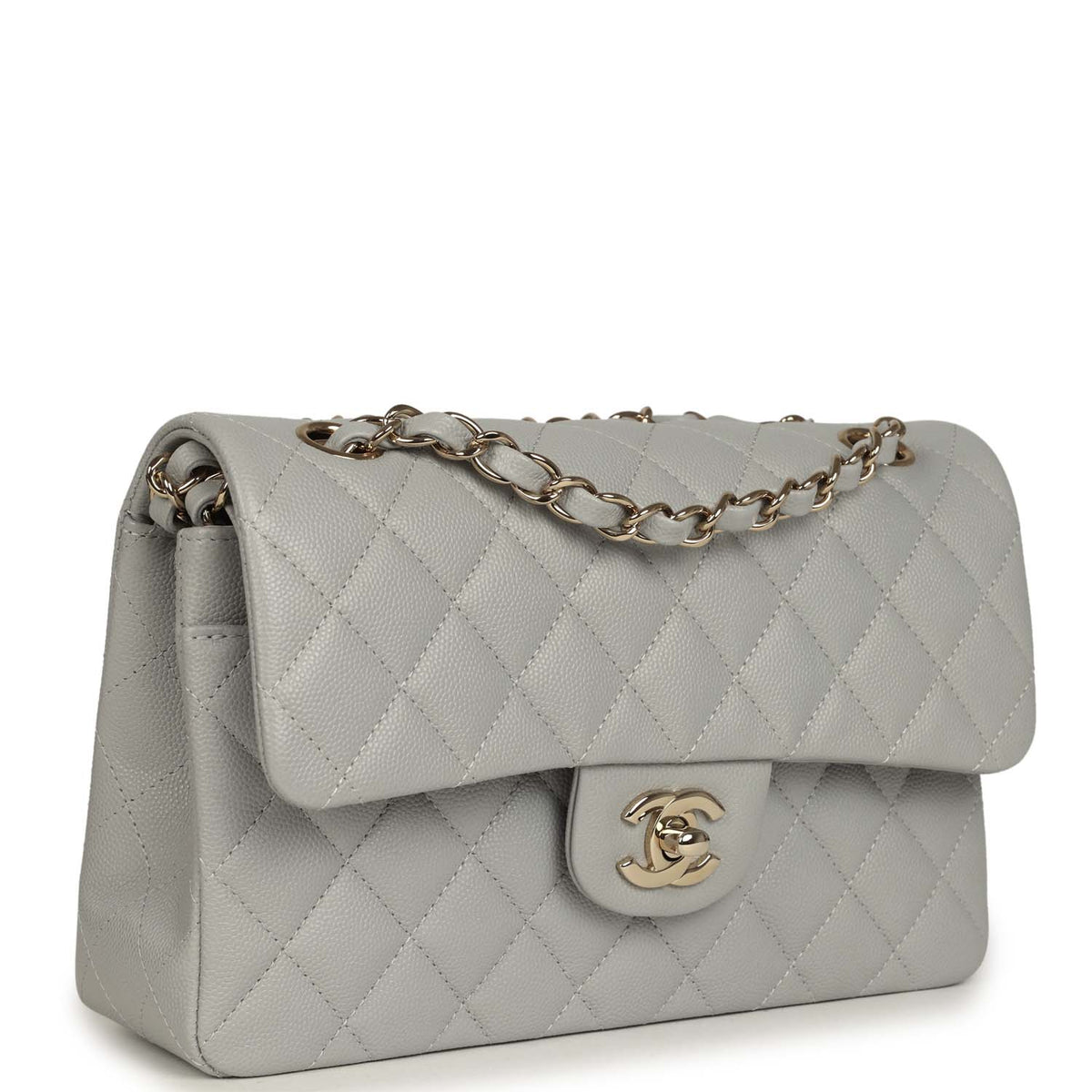Chanel Small Classic Double Flap Bag Light Grey Caviar Light Gold Hardware