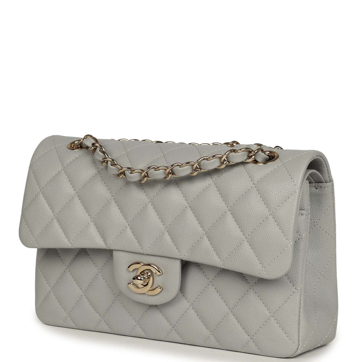 Chanel Small Classic Double Flap Bag Light Grey Caviar Light Gold Hardware