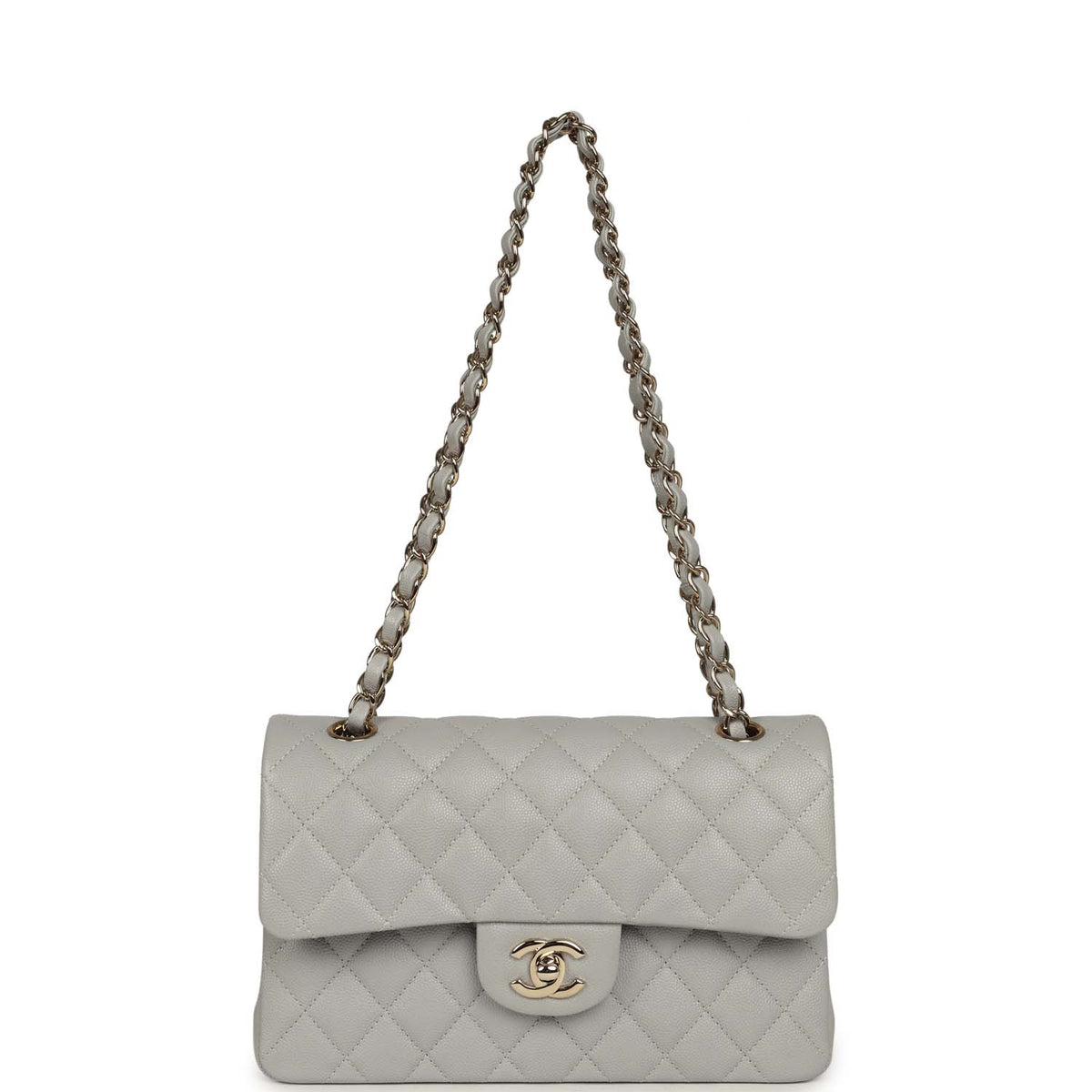 Chanel Small Classic Double Flap Bag Light Grey Caviar Light Gold Hardware