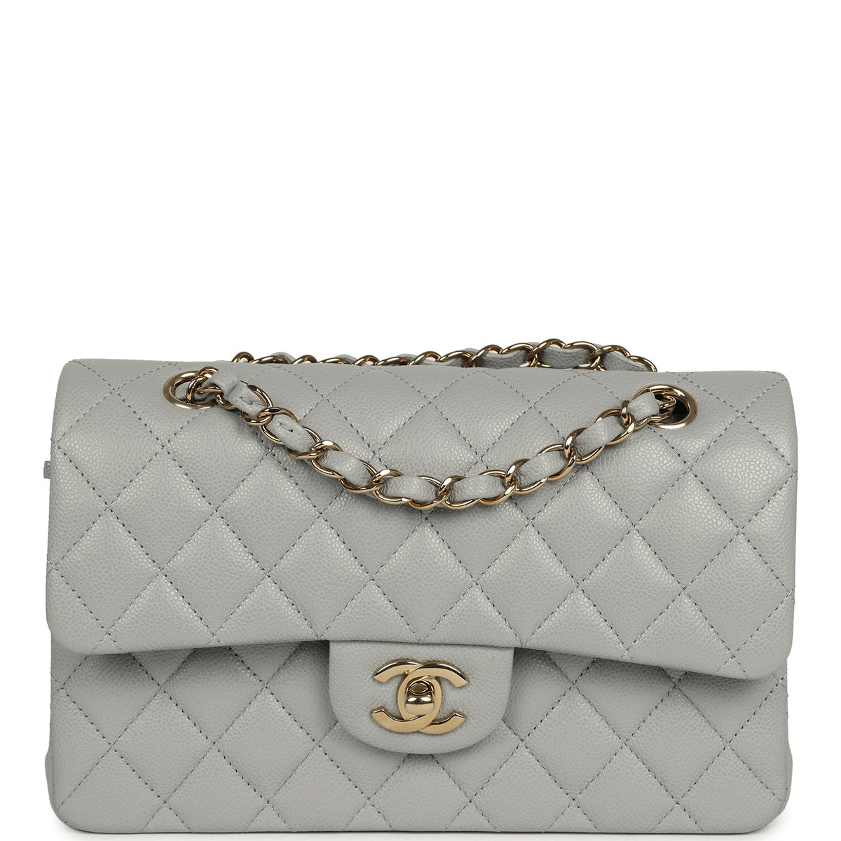 Chanel Small Classic Double Flap Bag Light Grey Caviar Light Gold Hardware