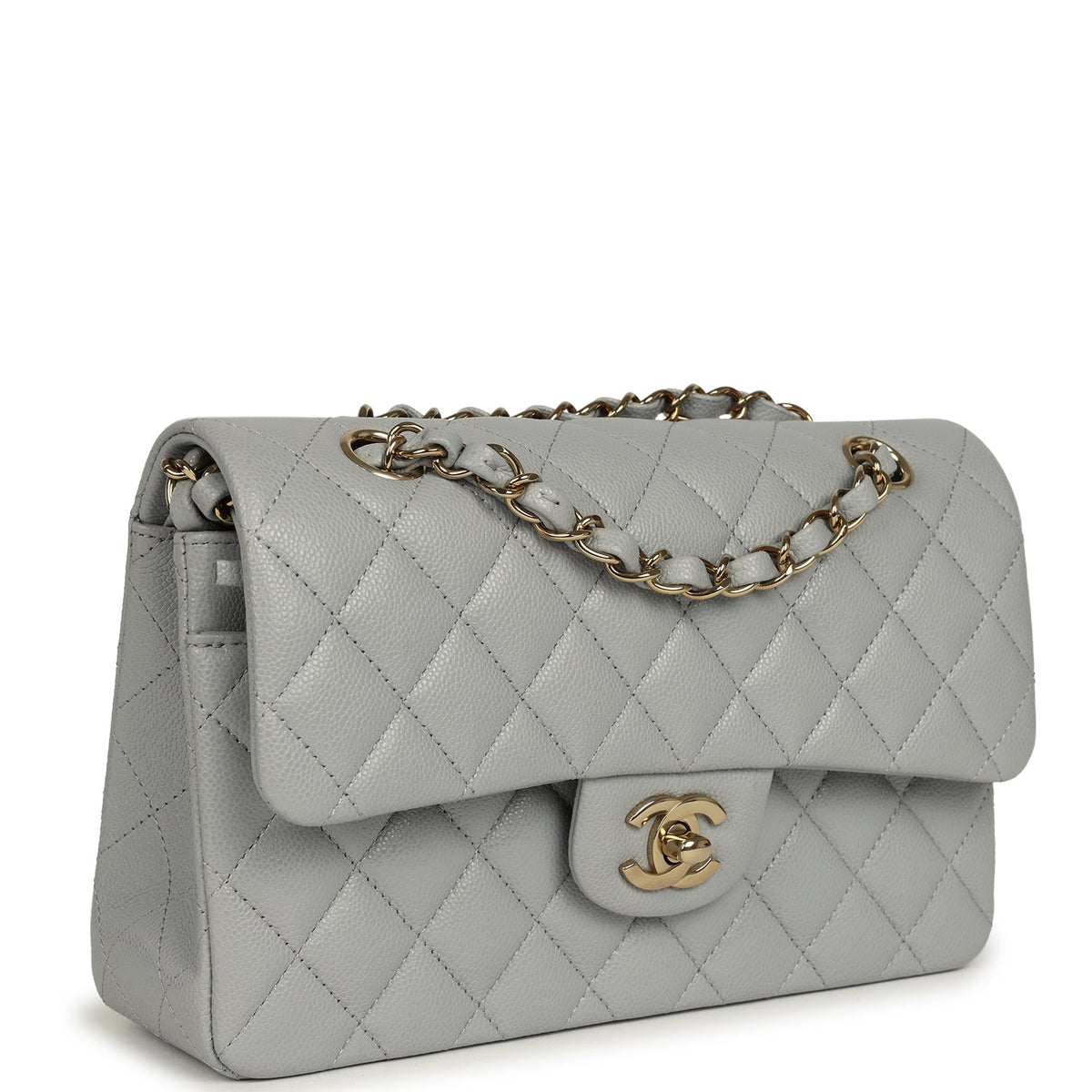 Chanel Small Classic Double Flap Bag Light Grey Caviar Light Gold Hardware
