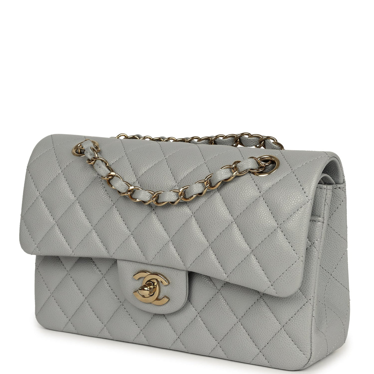 Chanel Small Classic Double Flap Bag Light Grey Caviar Light Gold Hardware