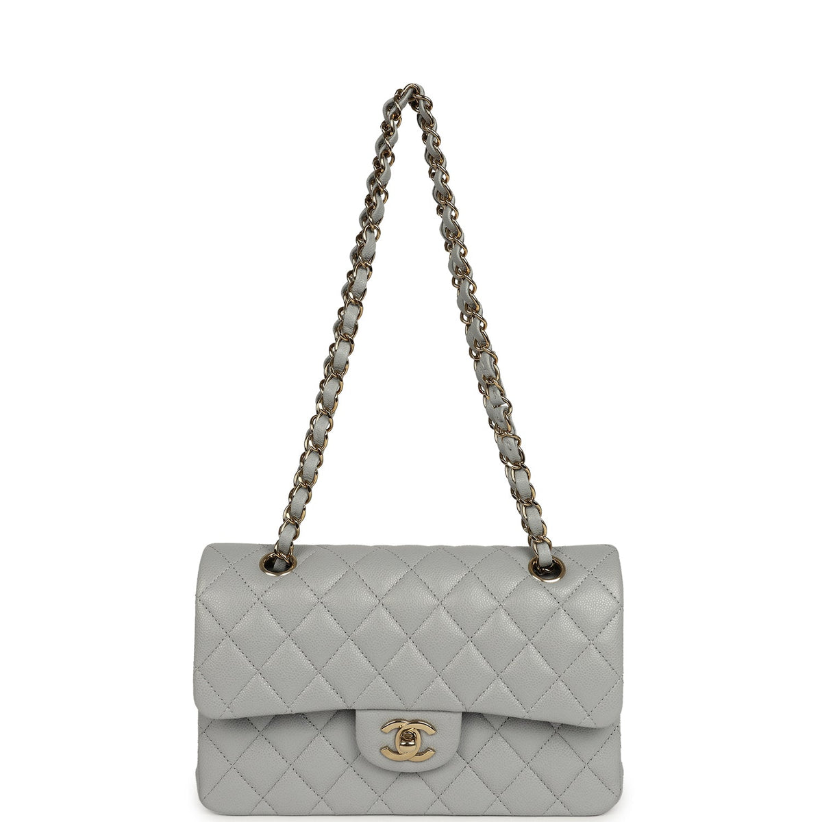 Chanel Small Classic Double Flap Bag Light Grey Caviar Light Gold Hardware