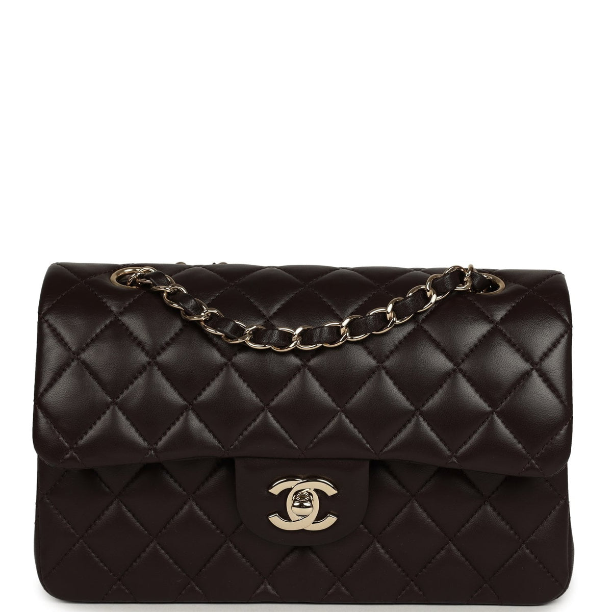 Chanel Small Classic Double Flap Bag Dark Brown Lambskin Light Gold Hardware