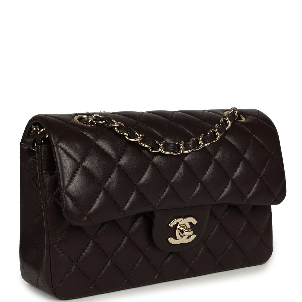 Chanel Small Classic Double Flap Bag Dark Brown Lambskin Light Gold Hardware