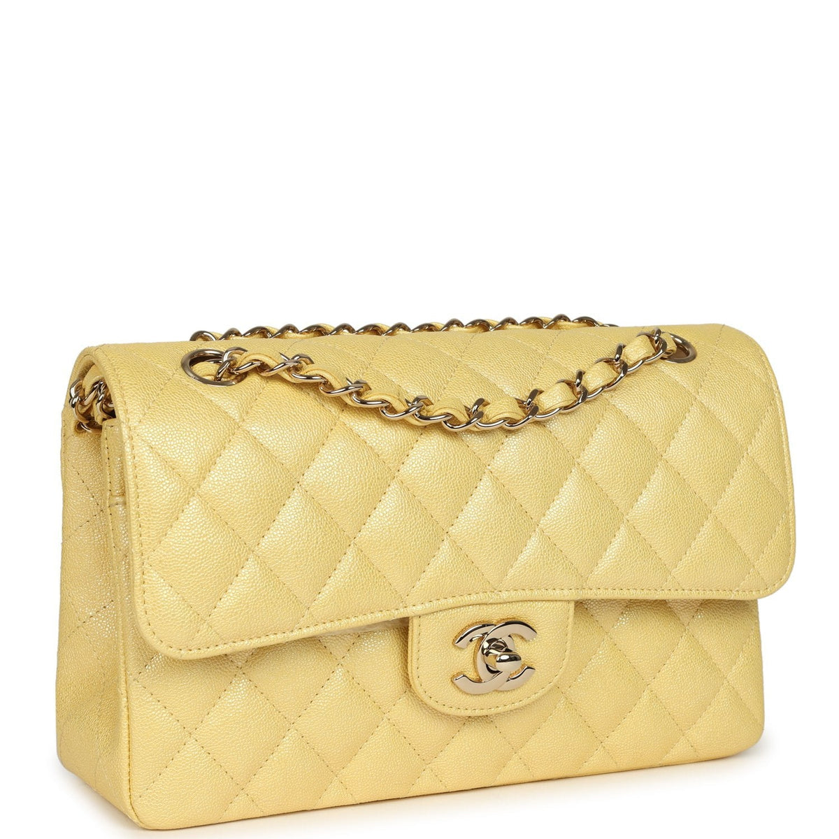 Chanel Small Classic Double Flap Bag Yellow Iridescent Caviar Light Gold Hardware