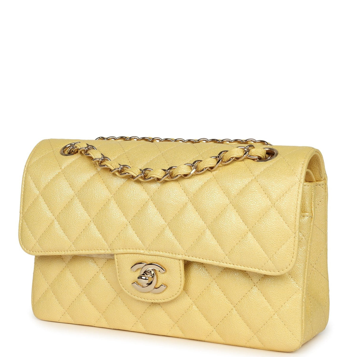 Chanel Small Classic Double Flap Bag Yellow Iridescent Caviar Light Gold Hardware