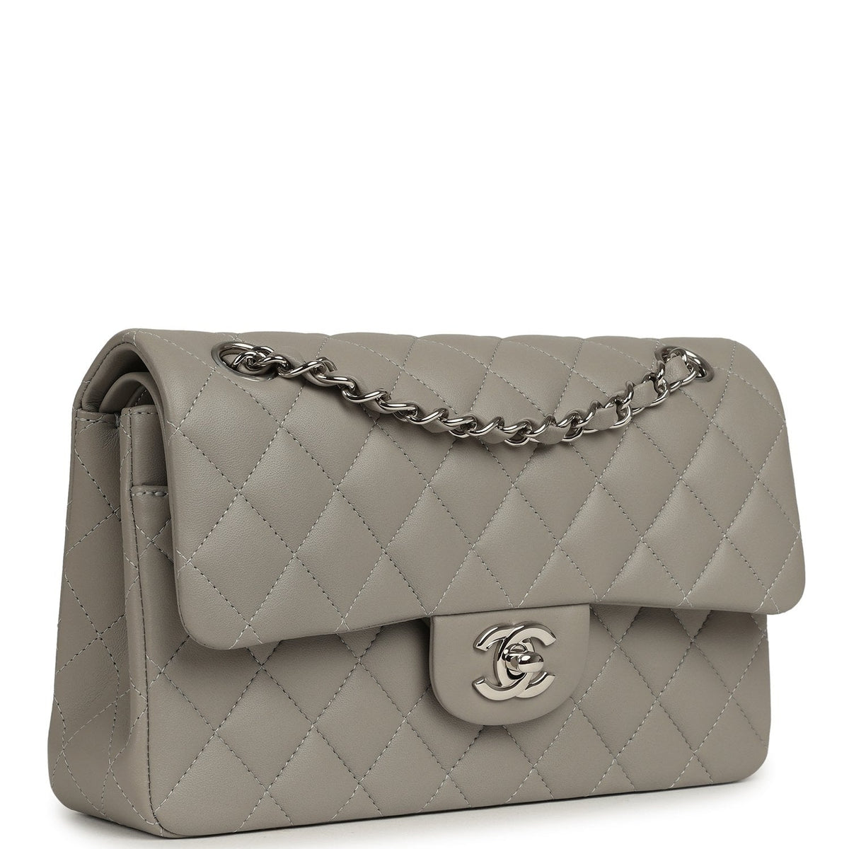 Chanel Small Classic Double Flap Bag Grey Lambskin Silver Hardware