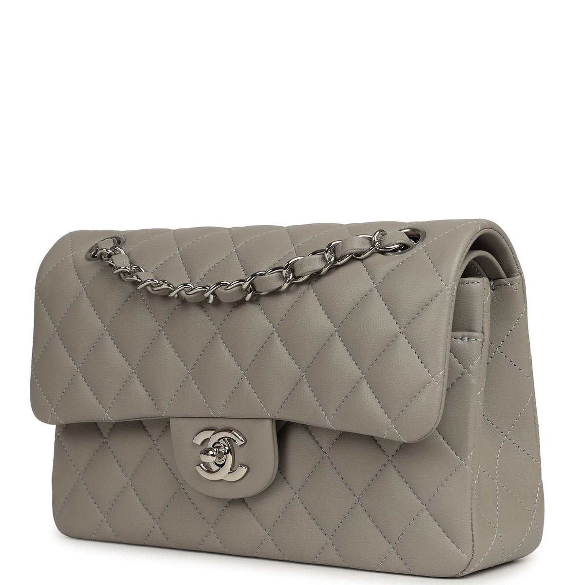 Chanel Small Classic Double Flap Bag Grey Lambskin Silver Hardware