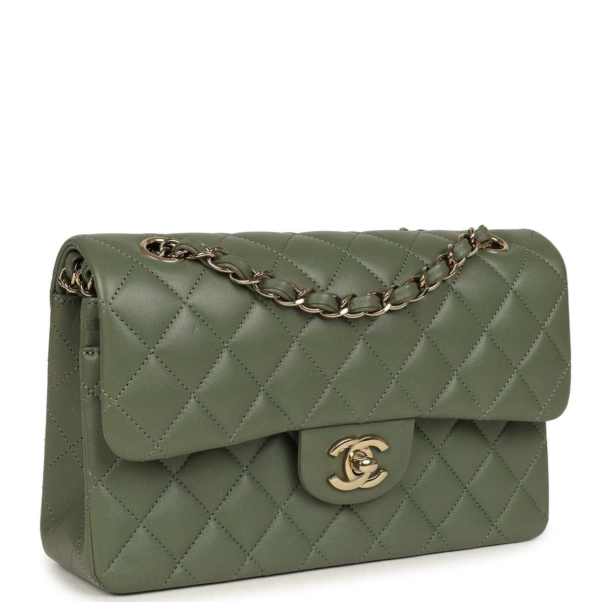 Pre-owned Chanel Small Classic Double Flap Bag Olive Green Lambskin Light Gold Hardware