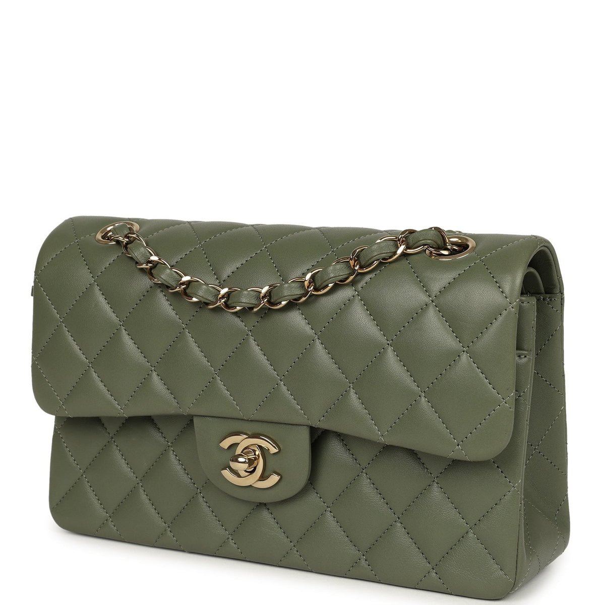 Pre-owned Chanel Small Classic Double Flap Bag Olive Green Lambskin Light Gold Hardware