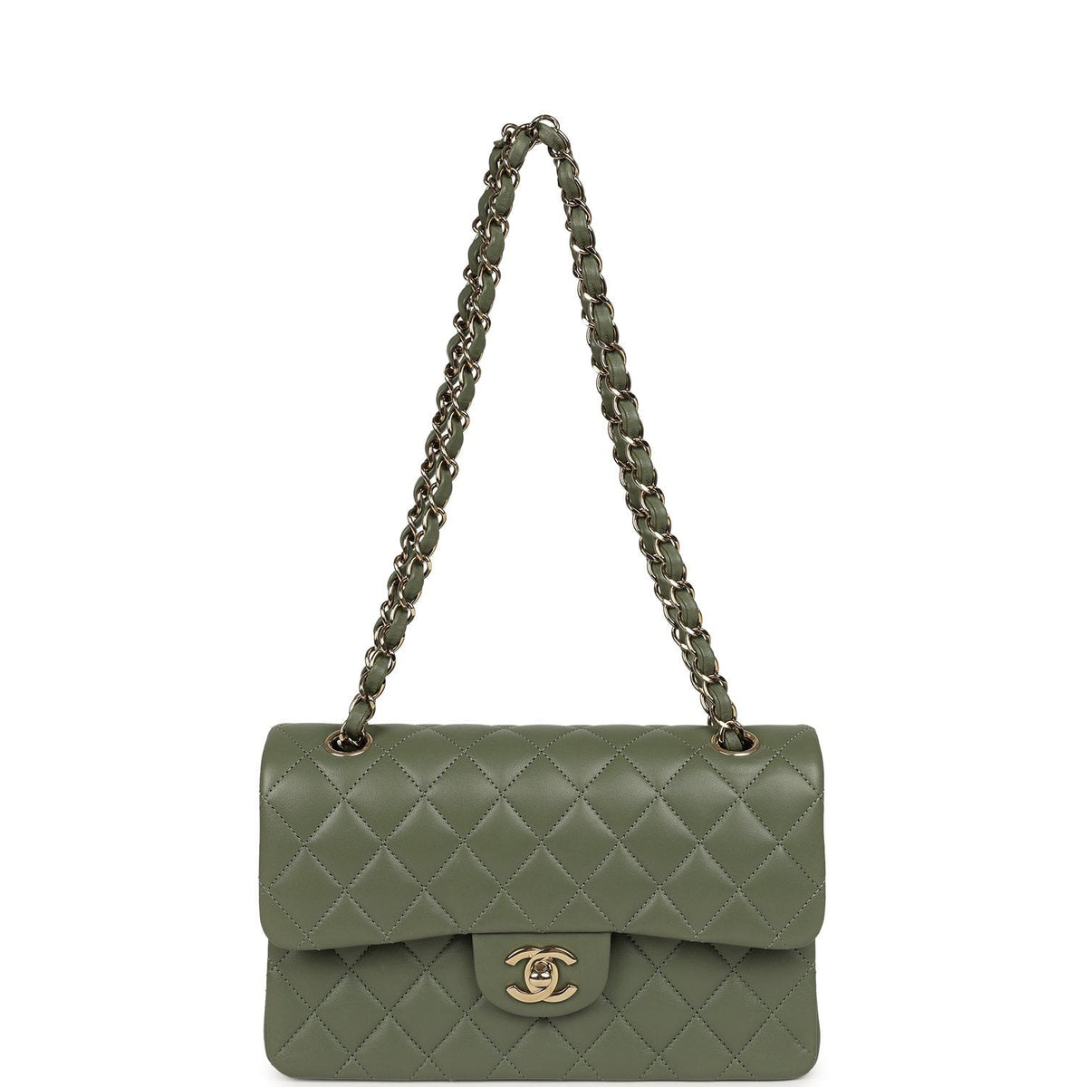 Pre-owned Chanel Small Classic Double Flap Bag Olive Green Lambskin Light Gold Hardware