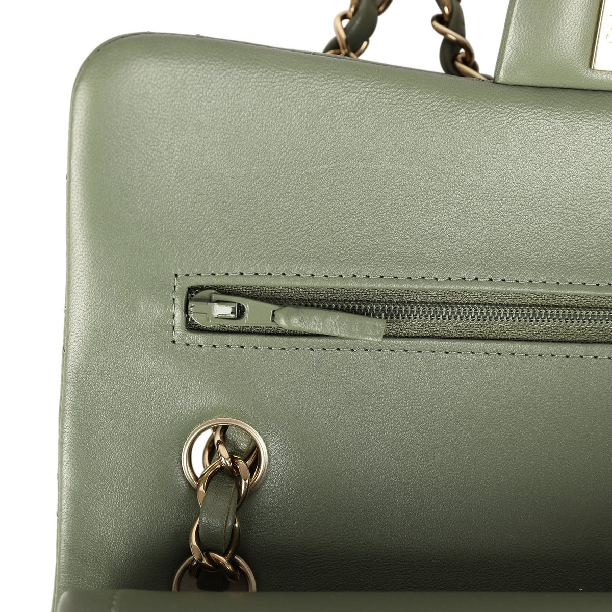 Pre-owned Chanel Small Classic Double Flap Bag Olive Green Lambskin Light Gold Hardware