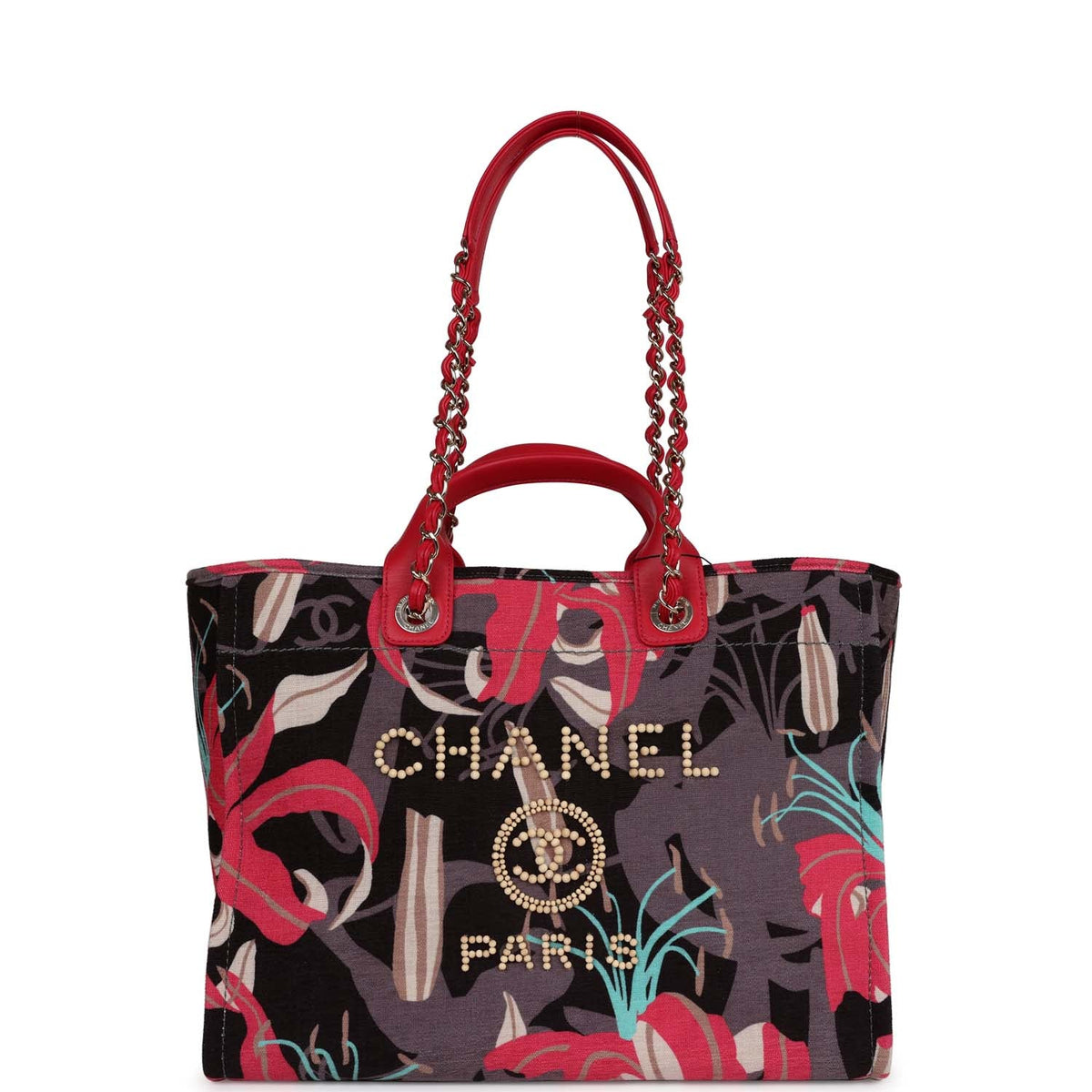 Chanel Medium Deauville Shopping Tote Grey, Pink Tropical Floral Velvet Light Gold Hardware