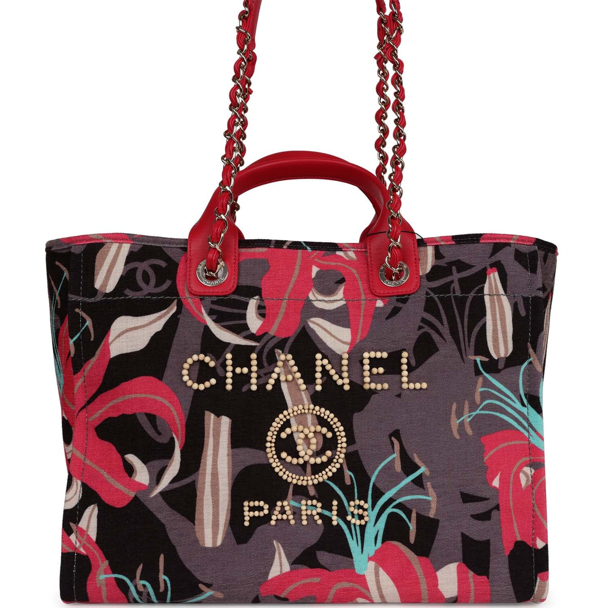Chanel Medium Deauville Shopping Tote Grey, Pink Tropical Floral Velvet Light Gold Hardware
